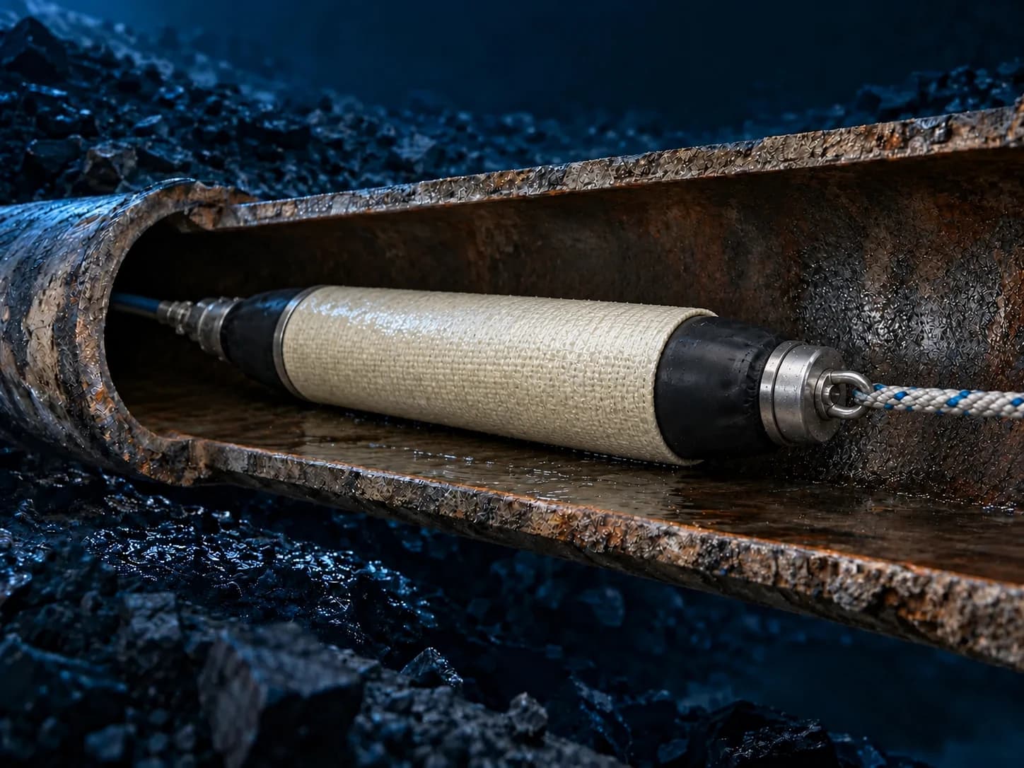 Illustration of a liner sleeve supported around a packer during positioning, before expansion and curing