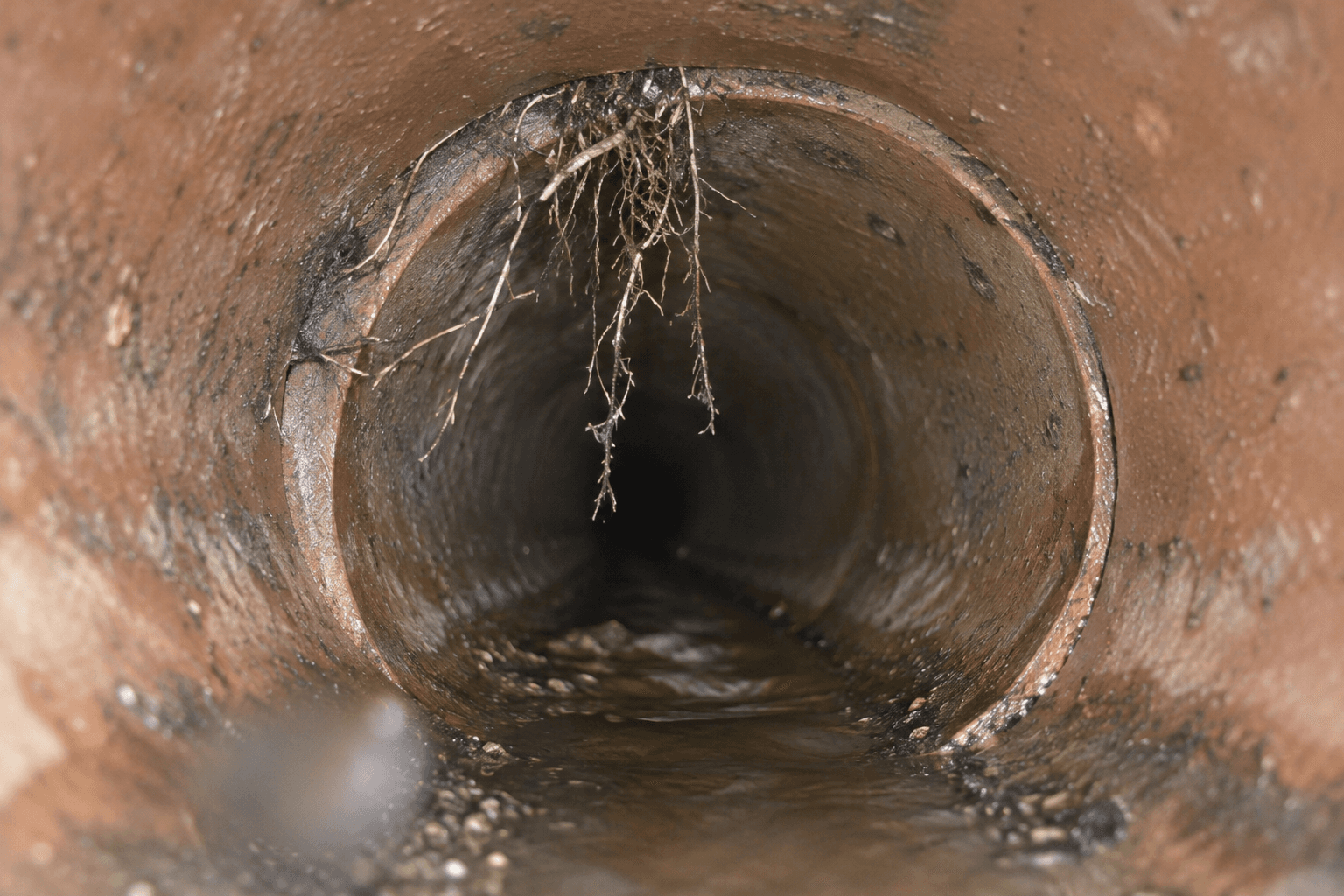 Illustration of tree roots entering a sewer pipe through a joint