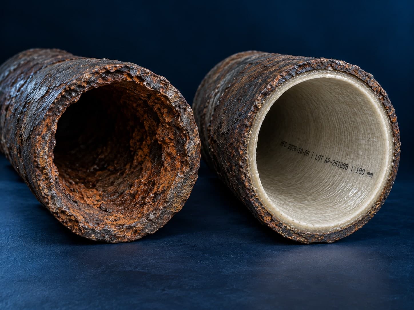 Illustrative cutaways of corroded cast iron beside cast iron containing a cured-in-place liner