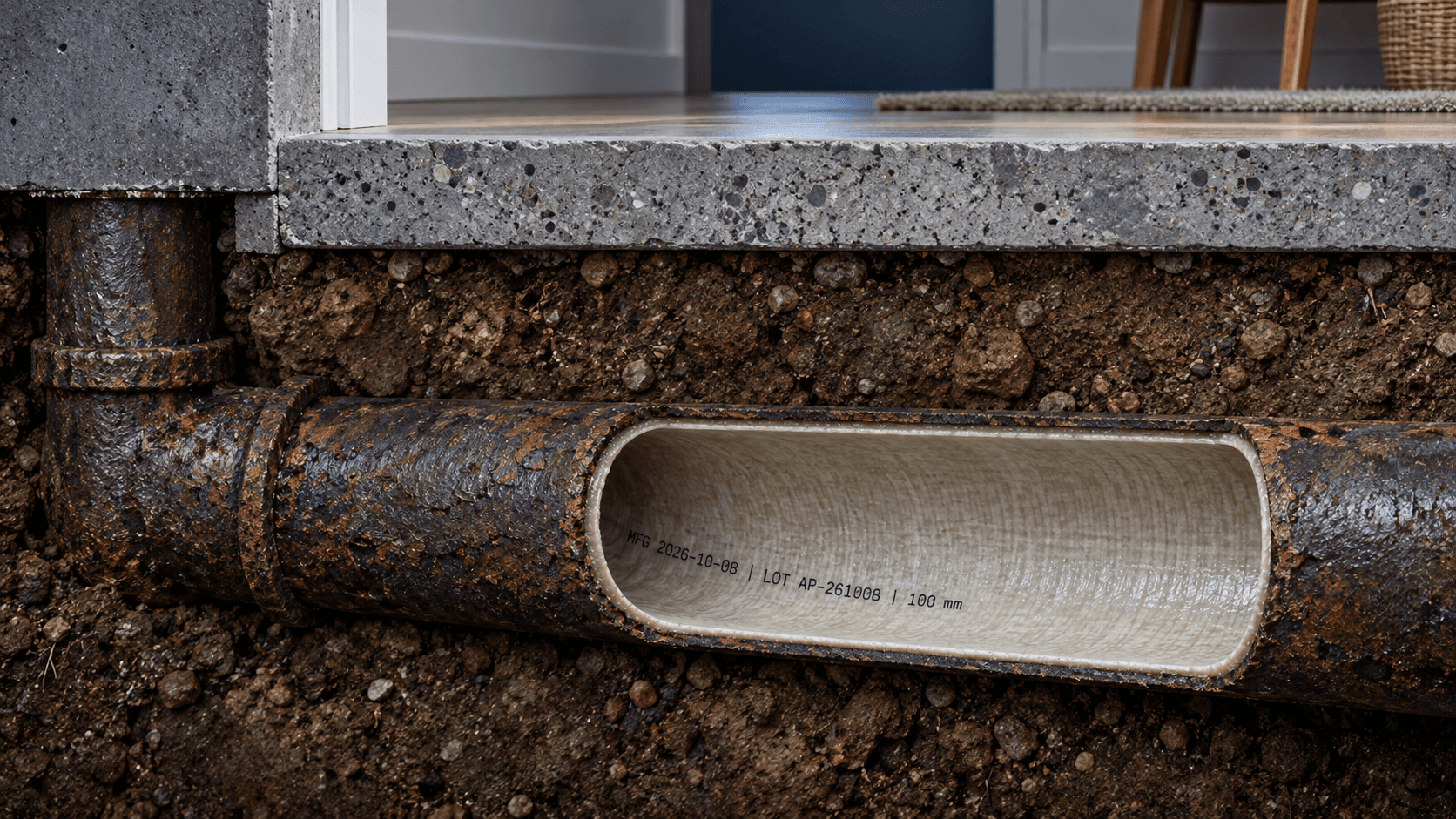 Illustrative cutaway of a lined sewer pipe beneath a concrete slab and tile floor