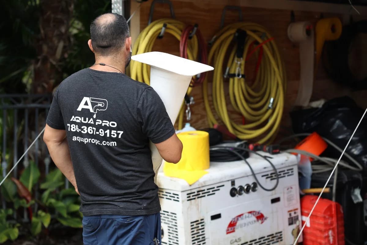 An Aqua Pro technician working at equipment beside the open service trailer