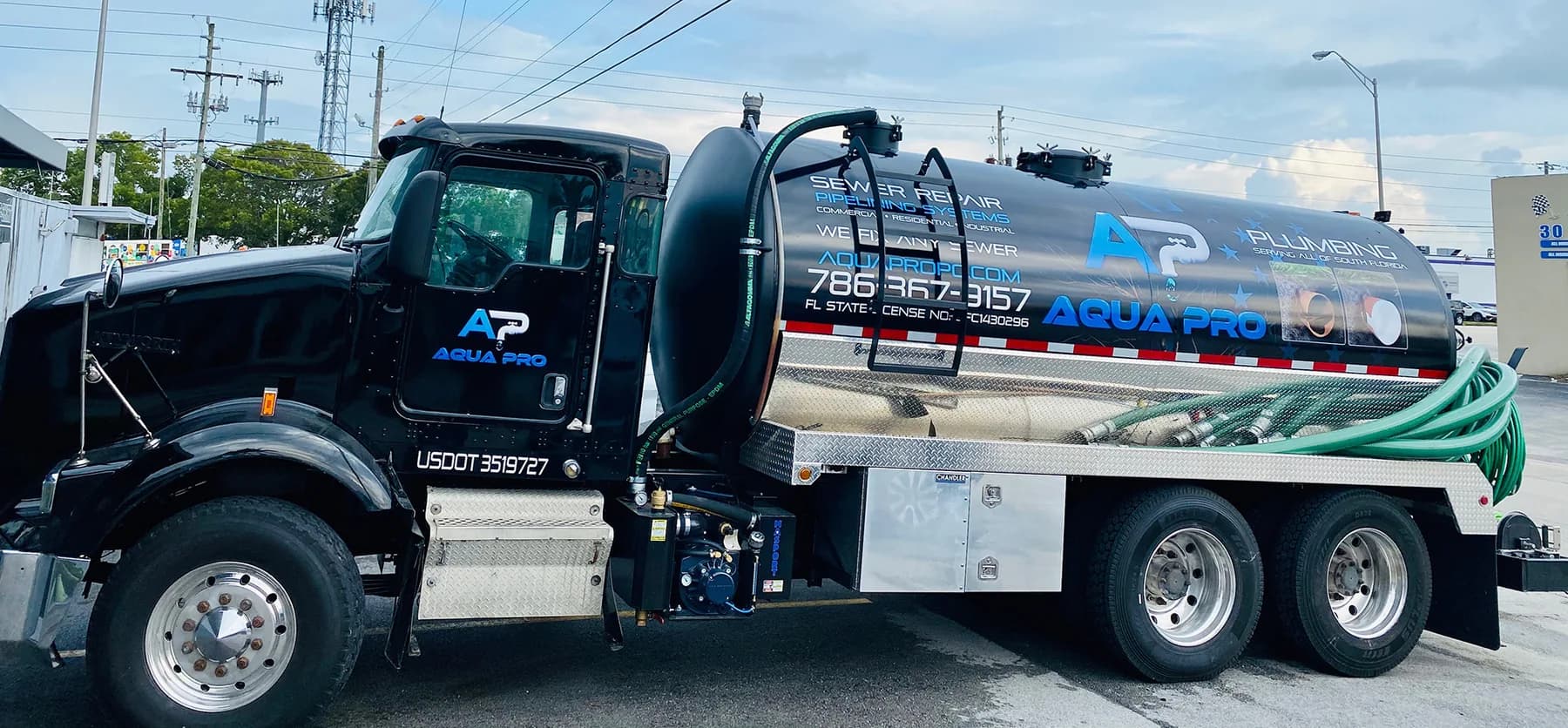 The Aqua Pro branded vacuum truck with its tank and hoses