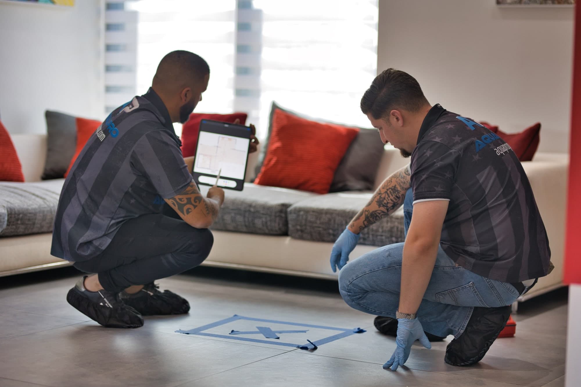 Aqua Pro technicians reviewing inspection results on a tablet inside a home