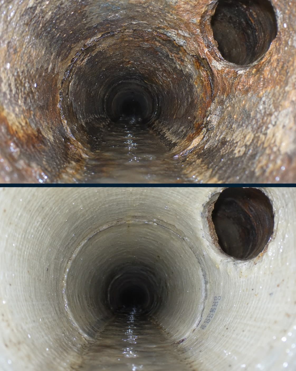 Illustration: side by side views of a branch connection before lining and reopened after lining