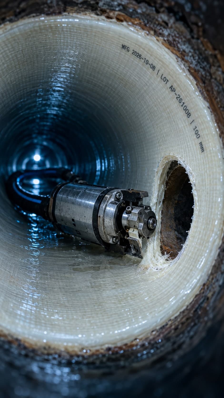 Illustration: a robotic cutter reopening a branch connection inside a lined pipe