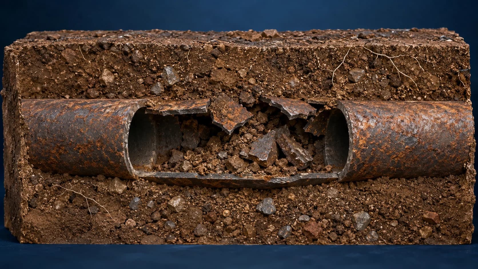 Cutaway rendering of a collapsed pipe crown with broken iron and soil obstructing the bore