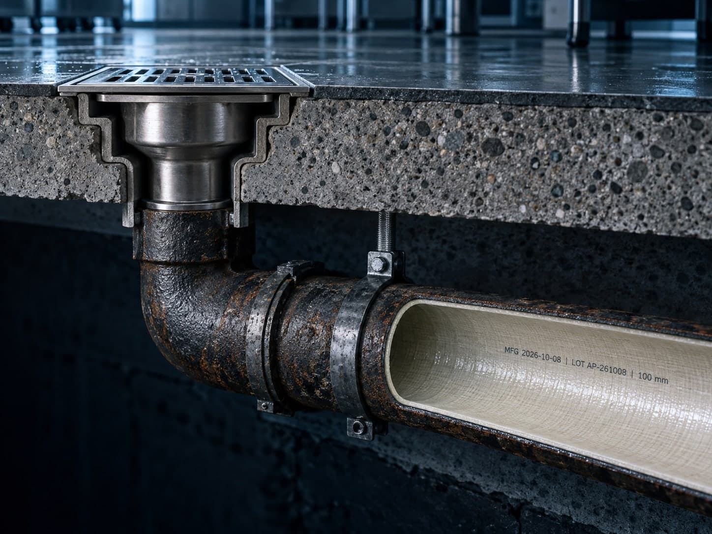 Rendering of a lined floor drain line beneath a commercial slab