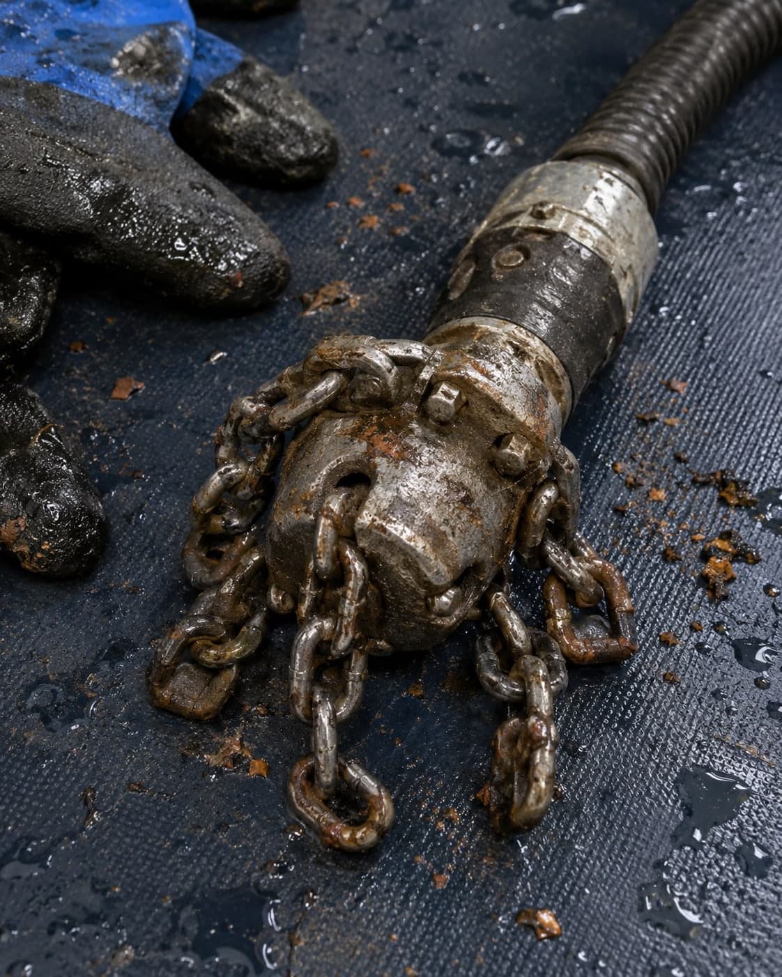 Illustration: a descaling head covered in rust after cleaning a cast iron pipe