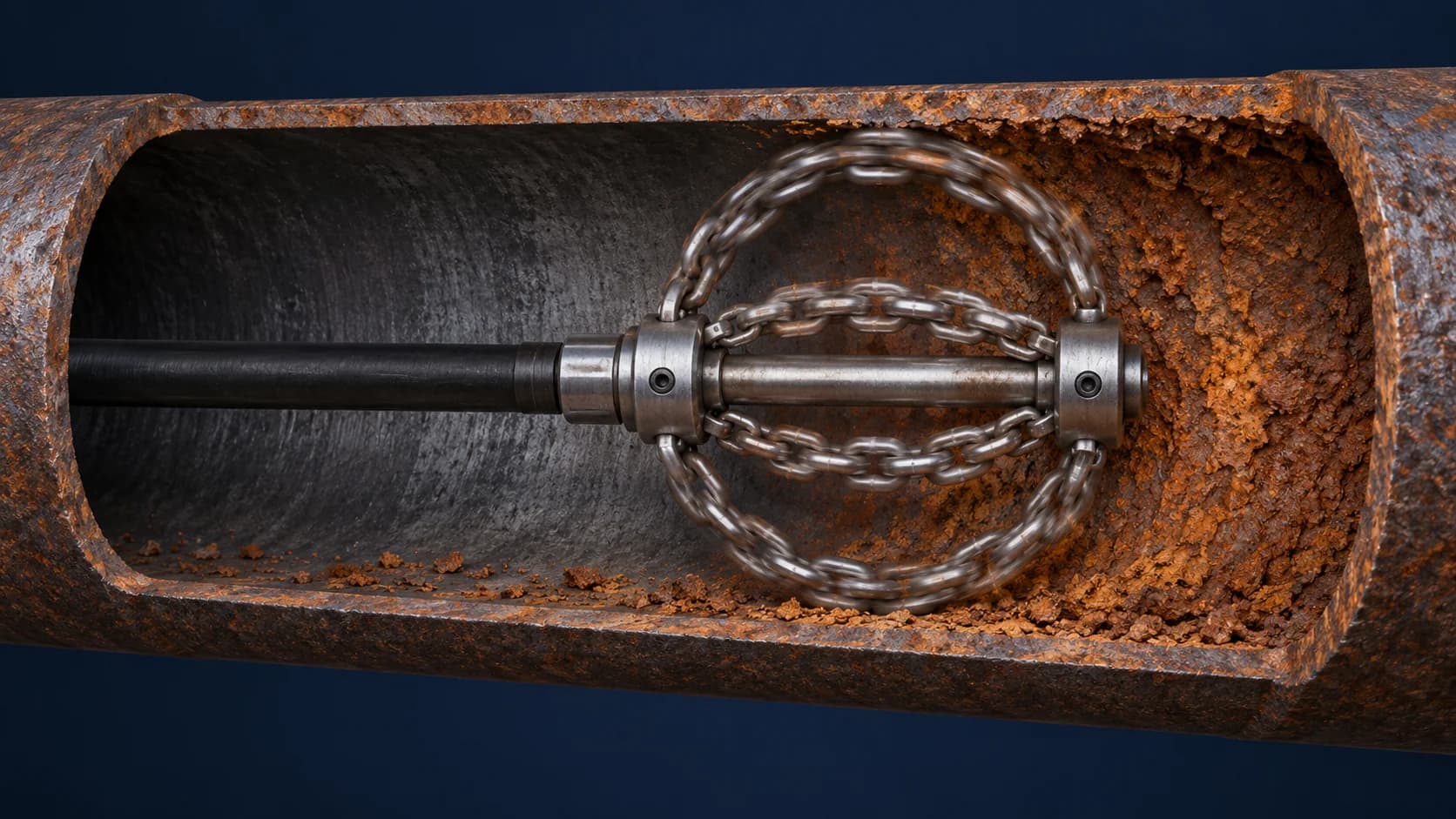 Cutaway rendering of shaft-mounted chain loops contacting rust scale on the pipe wall