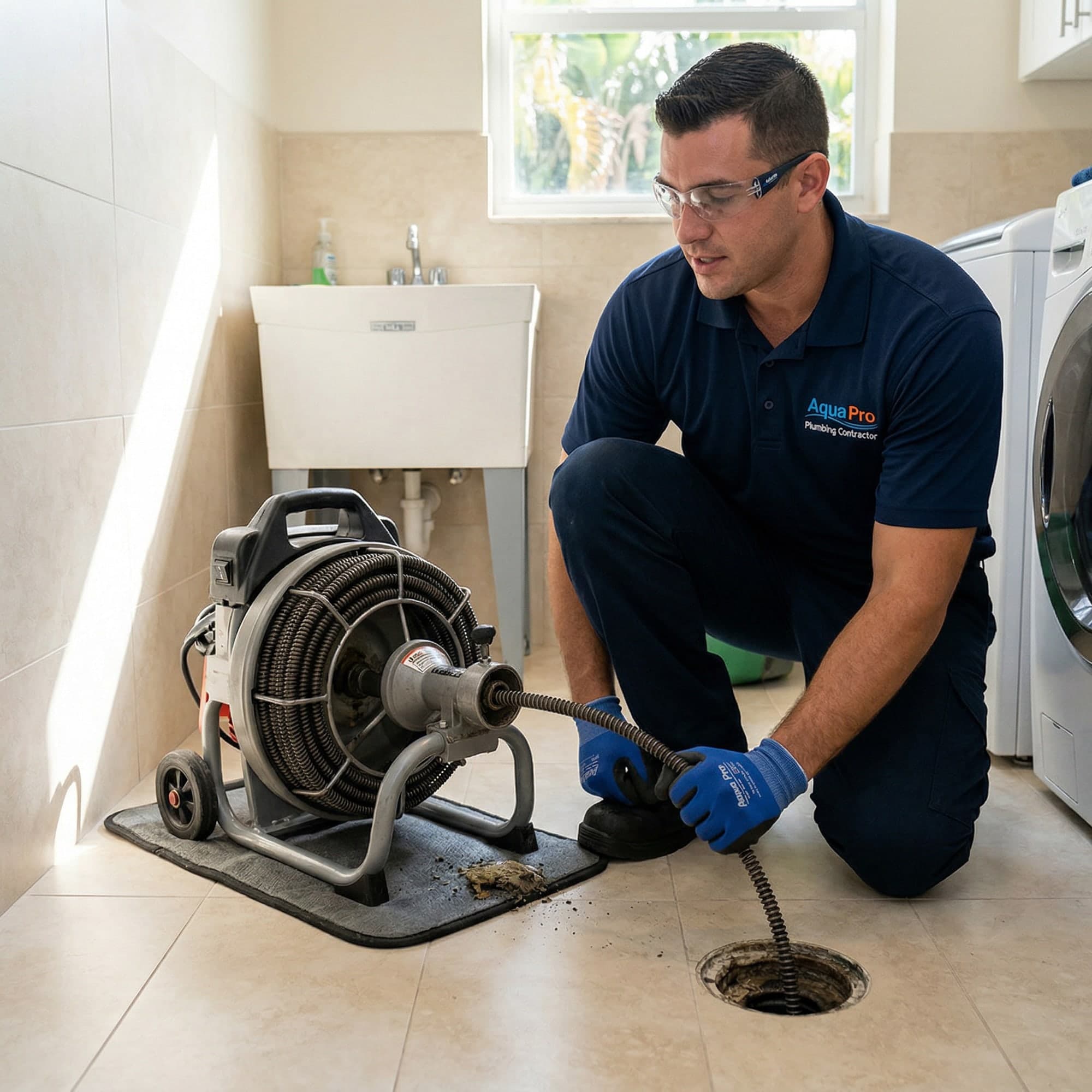 Illustration: a technician running a drain cable machine into a floor drain in a laundry room