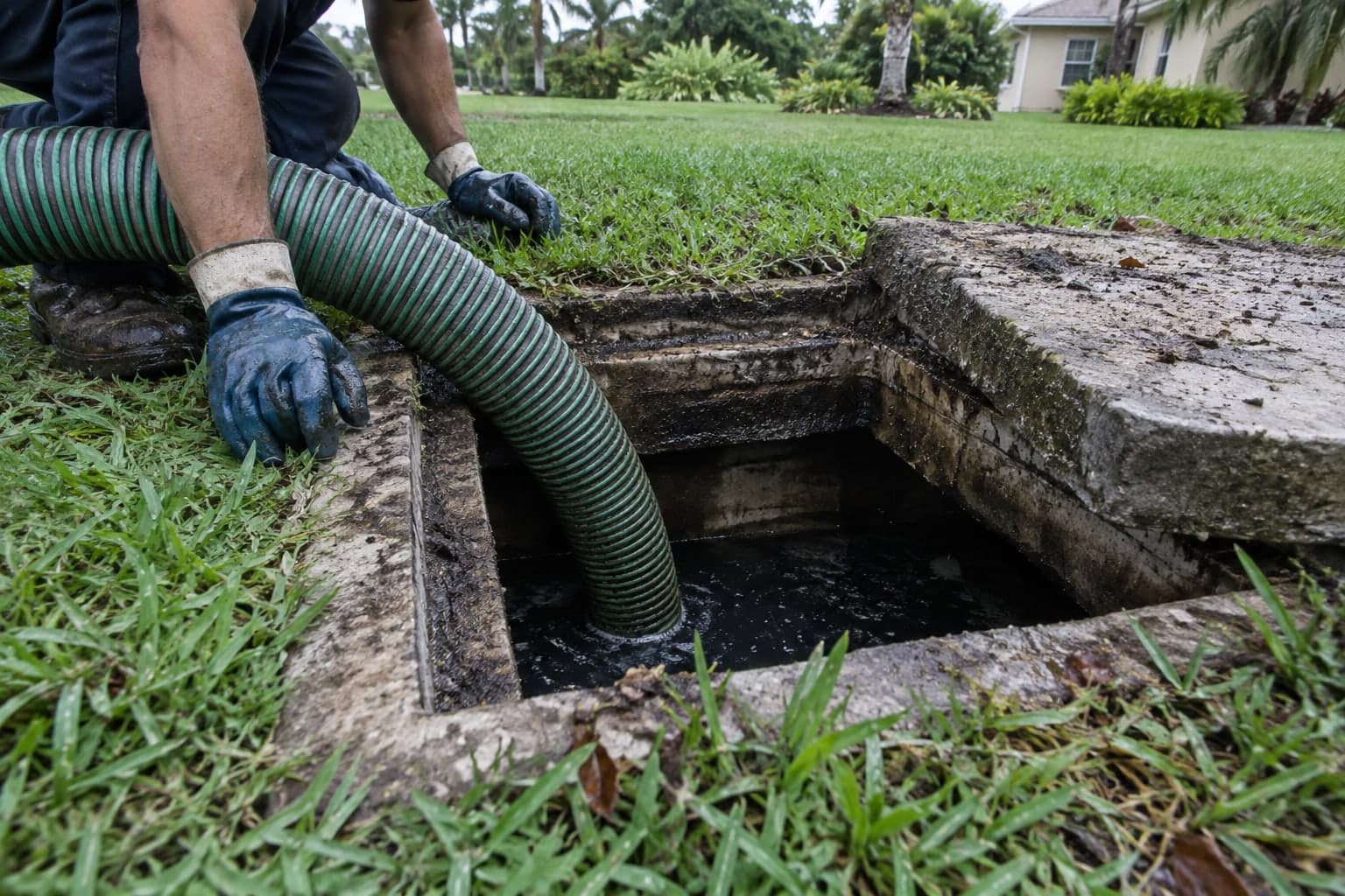Illustration of a pumping hose through an open septic tank access in a lawn