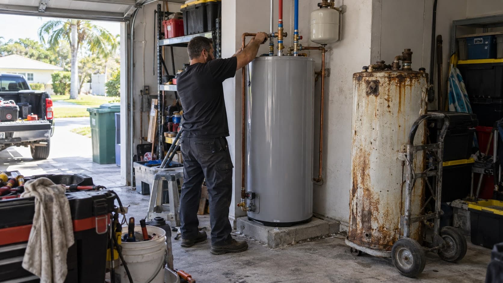 Illustration: a plumber installing a new tank water heater in a South Florida garage beside the old unit