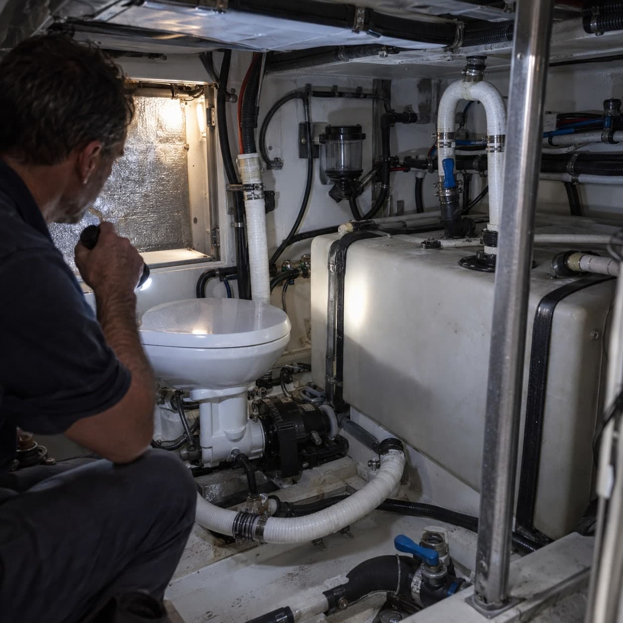 A marine vacuum-flush sanitation system inside a yacht machinery space
