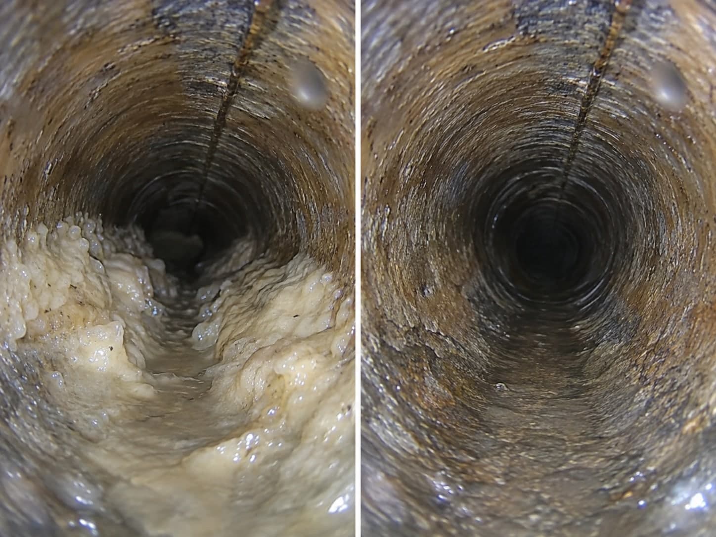 Rendering of a sewer line before and after grease removal