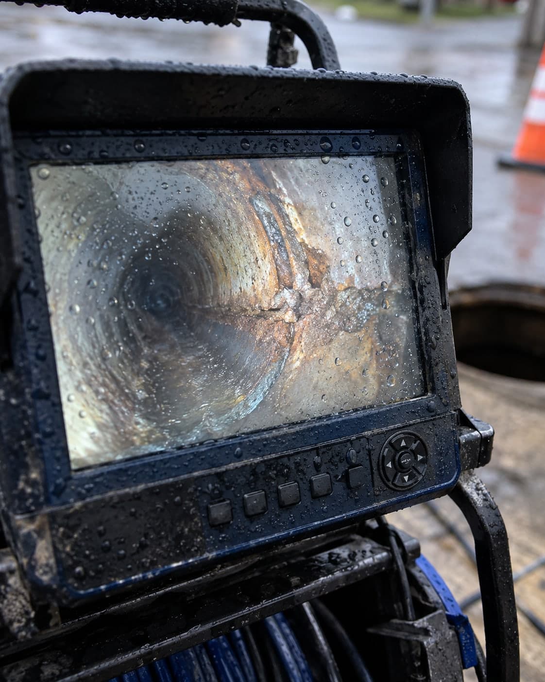 Illustration: a handheld sewer camera monitor showing live footage, with rain on the screen