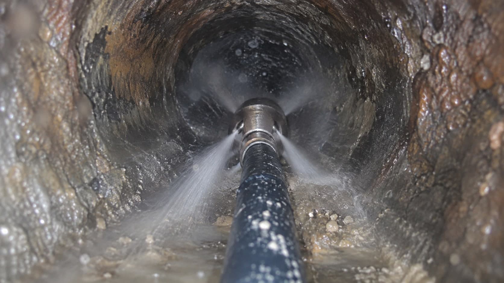 Illustration of a hydrojet nozzle washing material off the sewer pipe wall