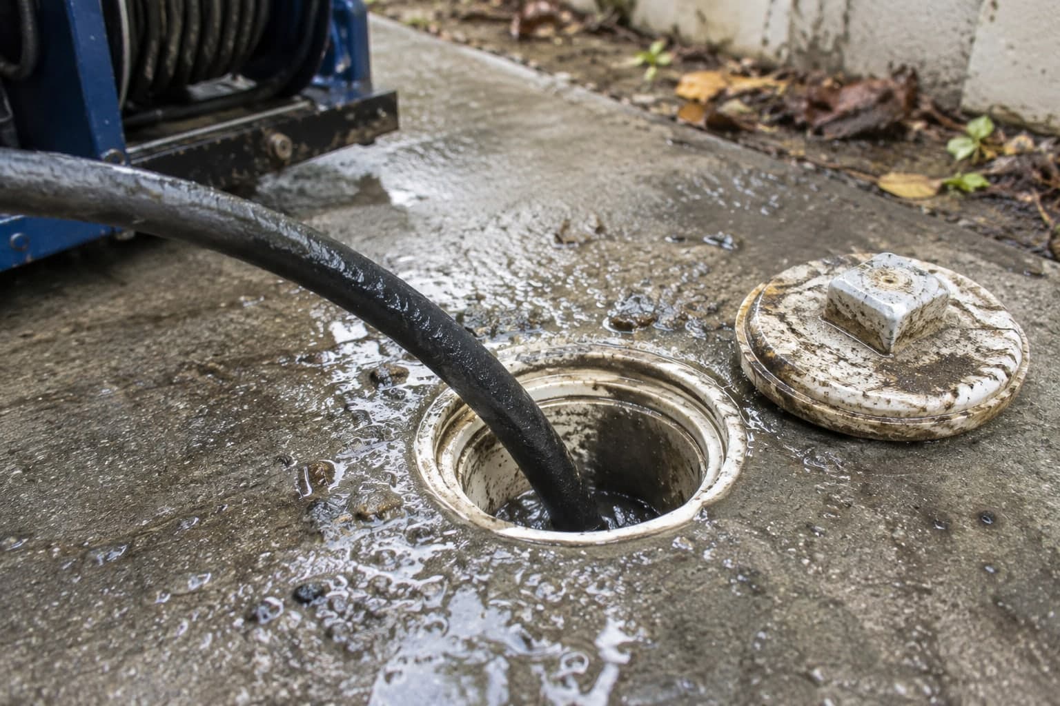 Illustration: a jetting hose entering an open cleanout