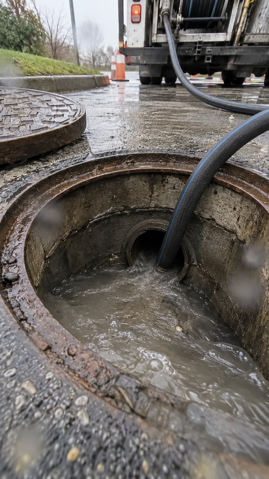 Illustration: return water and loosened debris at a cleanout during jetting