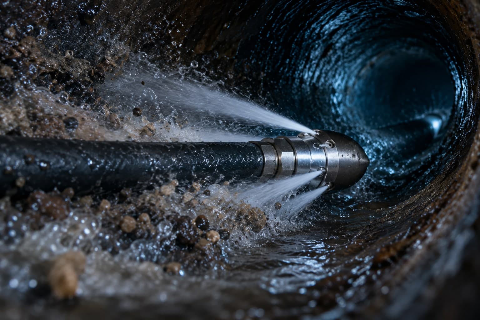 Rendering of a hydrojet nozzle washing a sewer pipe interior
