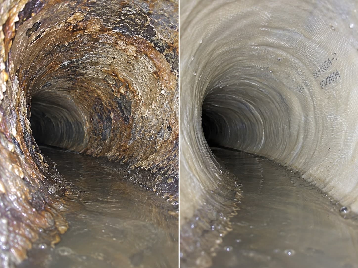Illustration: side by side views of a long sweep bend before and after lining