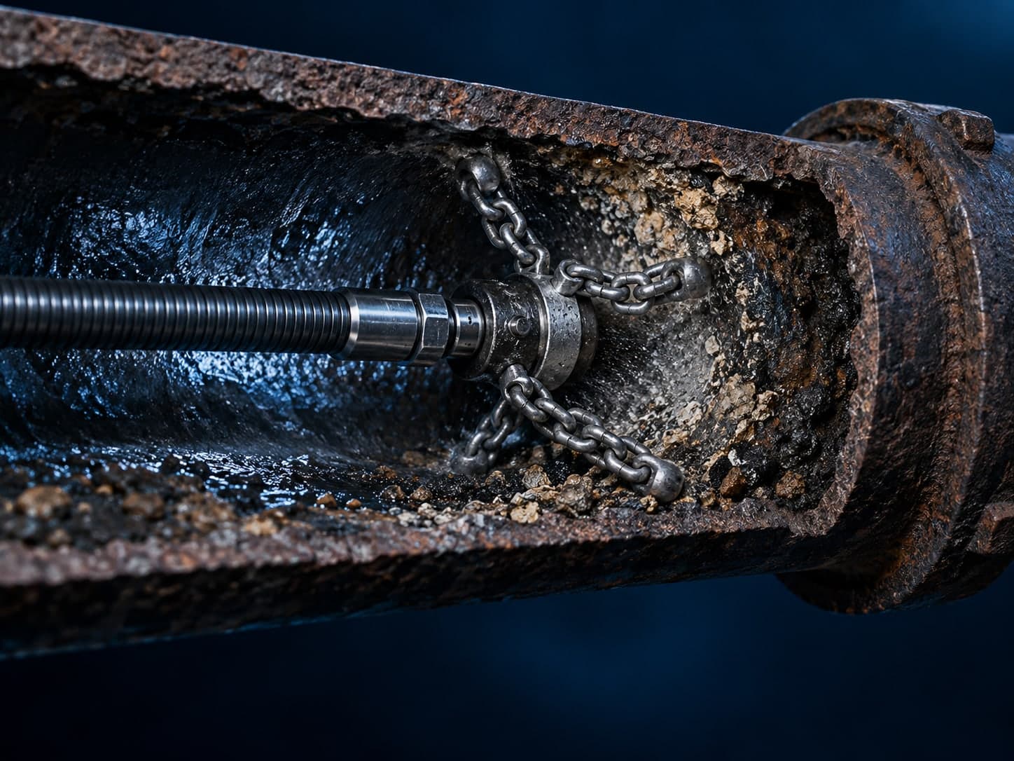 Illustration: a mechanical descaling head cutting rust scale from the wall of a cast iron pipe