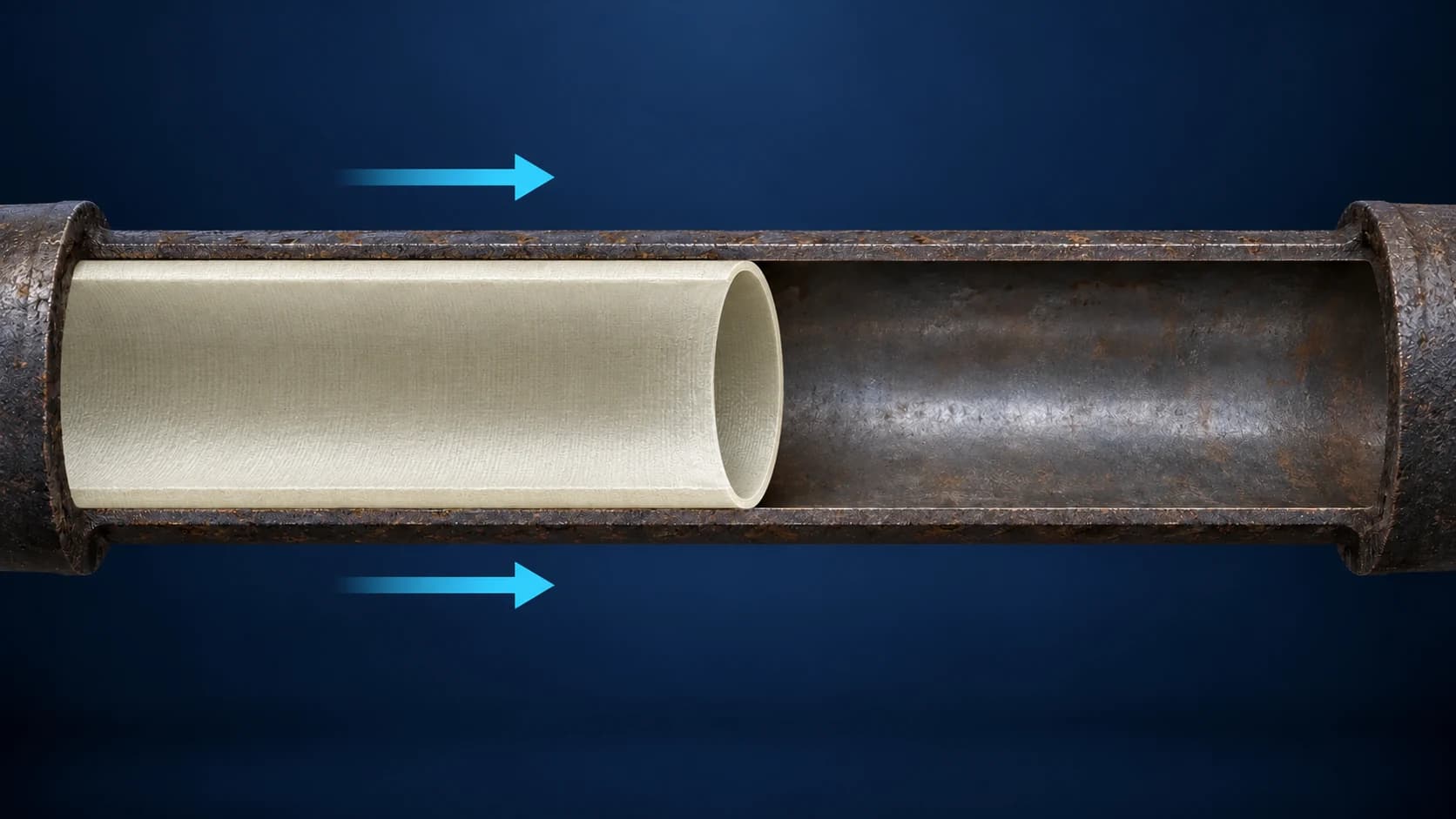 Simplified cutaway rendering of an open liner sleeve with arrows indicating forward insertion