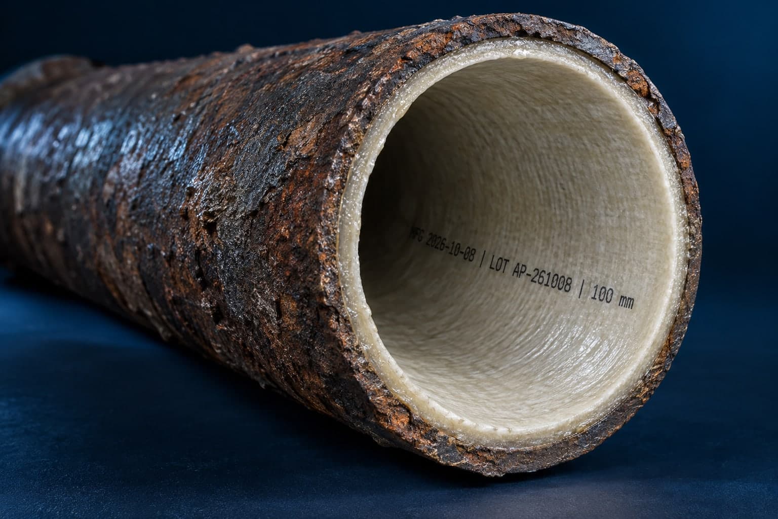 Cutaway of a cured liner forming a new pipe inside a corroded cast iron host pipe