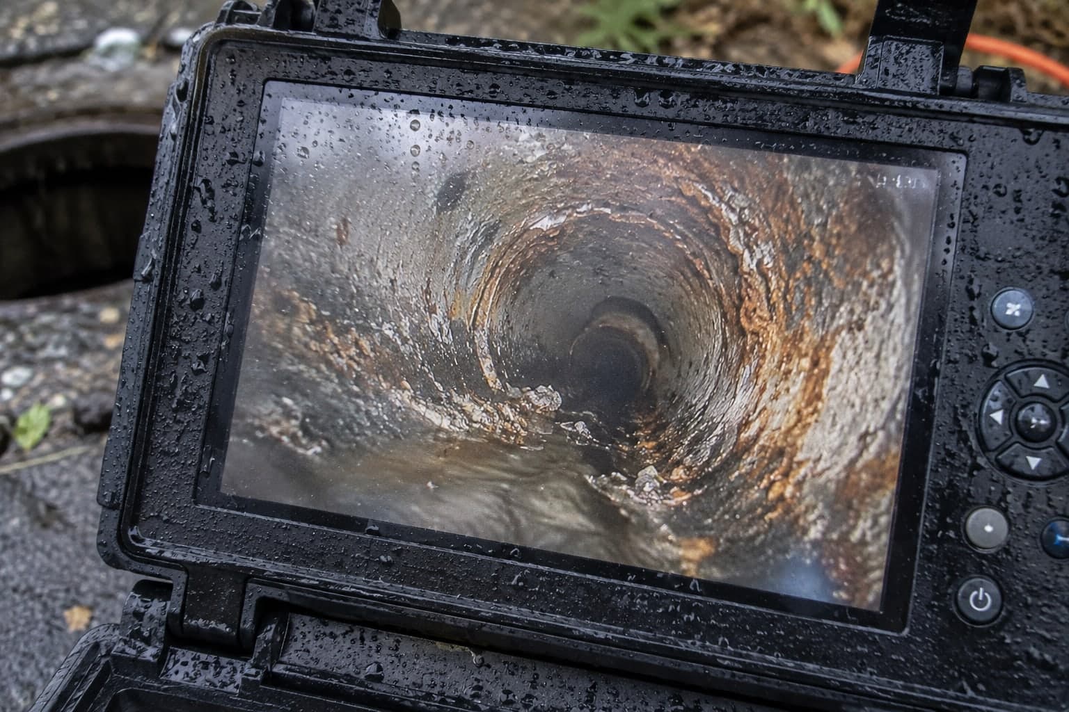 Illustration of an inspection monitor with a pipe view and droplets on its screen