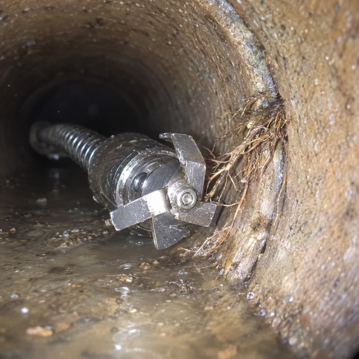 Illustration: a root-cutting tool clearing roots from a sewer pipe before lining