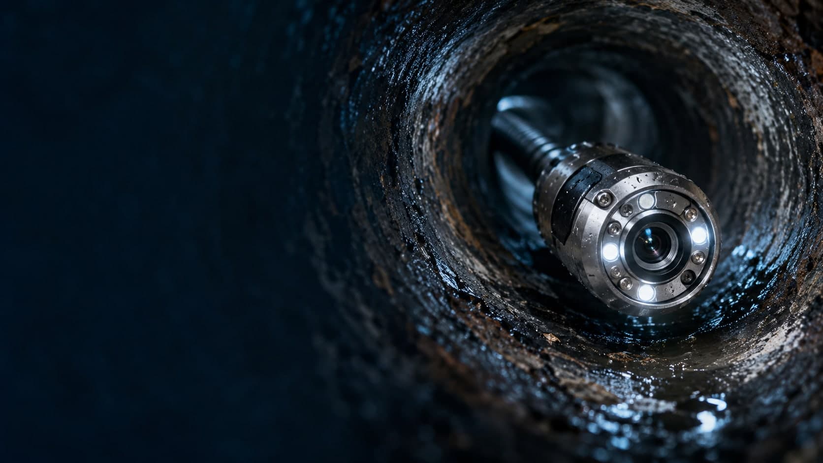 Illustration: a sewer inspection camera head with its lights on, traveling through a corroded pipe
