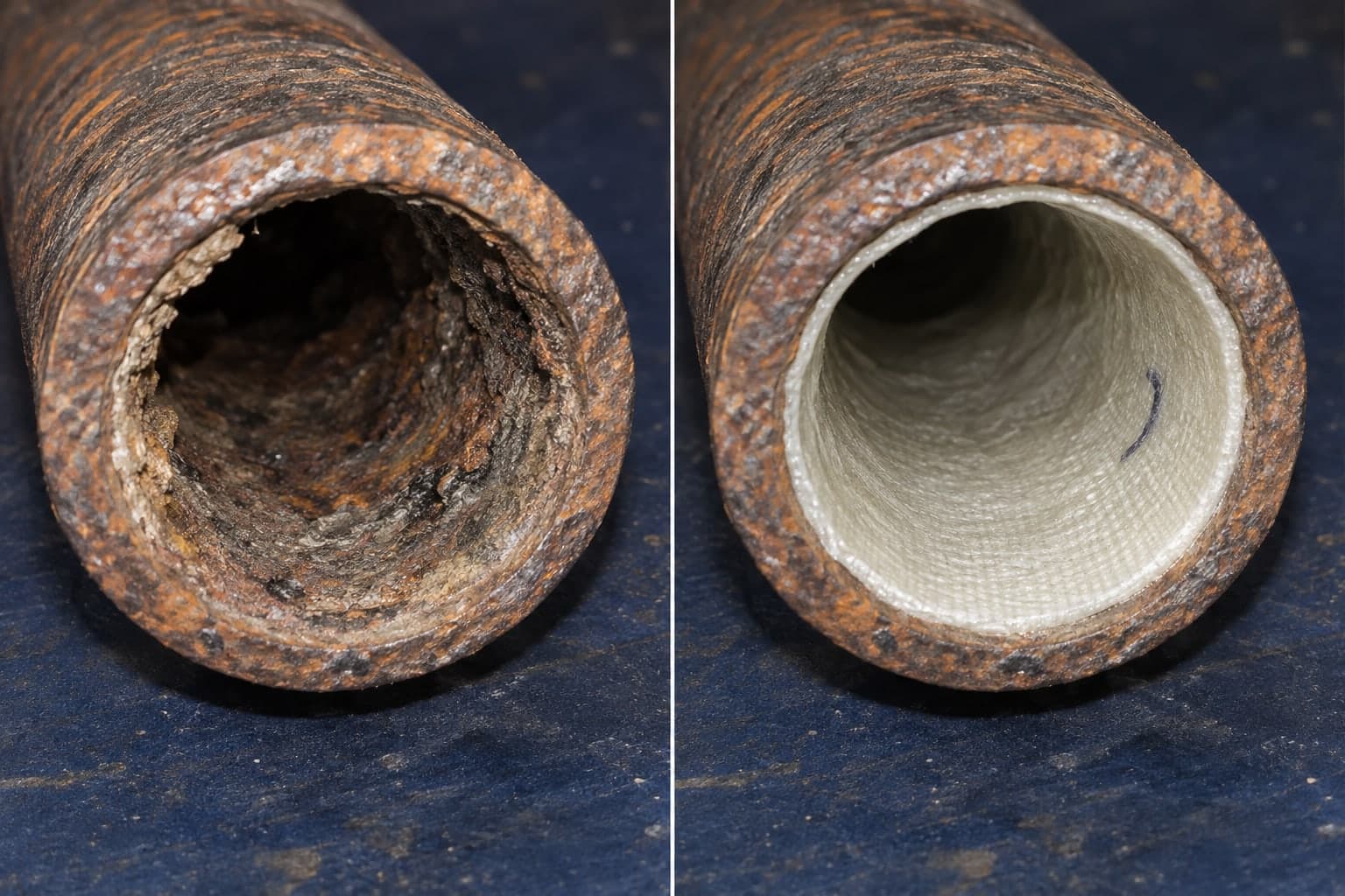 Illustration: side by side views of a corroded cast iron pipe mouth and the same opening after lining
