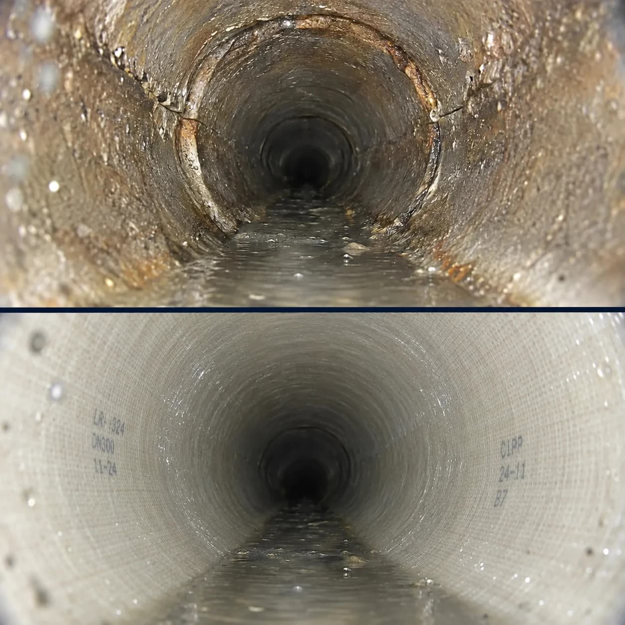 Rendered comparison of a damaged pipe joint above and a smooth continuous lined bore below