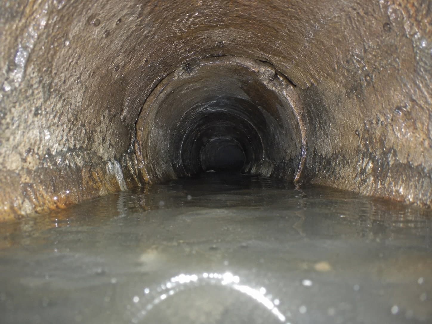 Illustration: camera view of standing water in a low section of sewer pipe