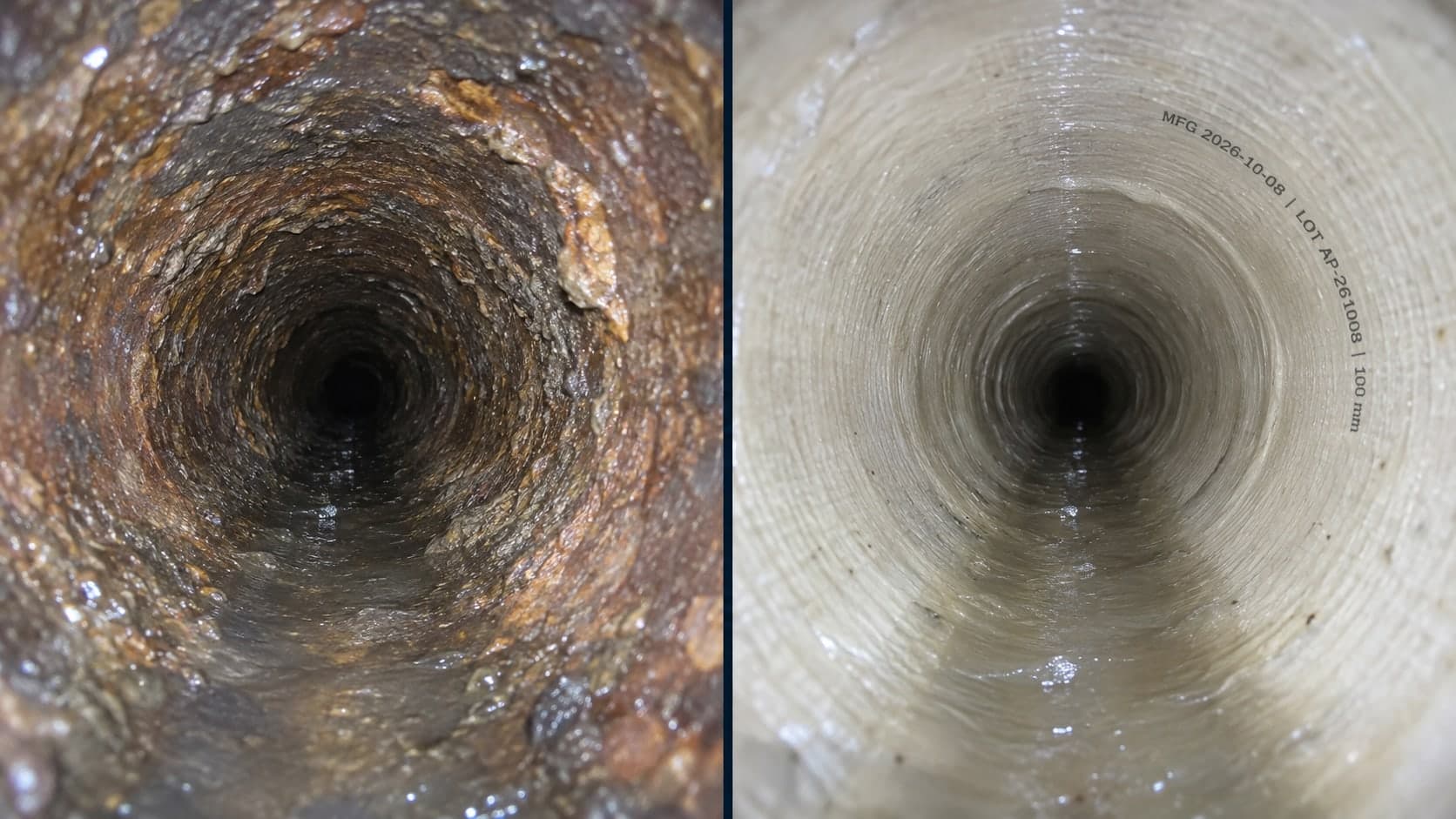 Rendering of a sewer lateral before and after lining