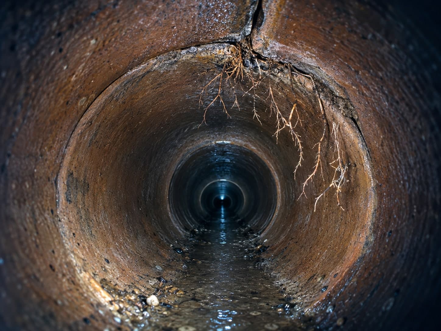 Illustration: camera view of tree roots entering a sewer pipe through a cracked joint