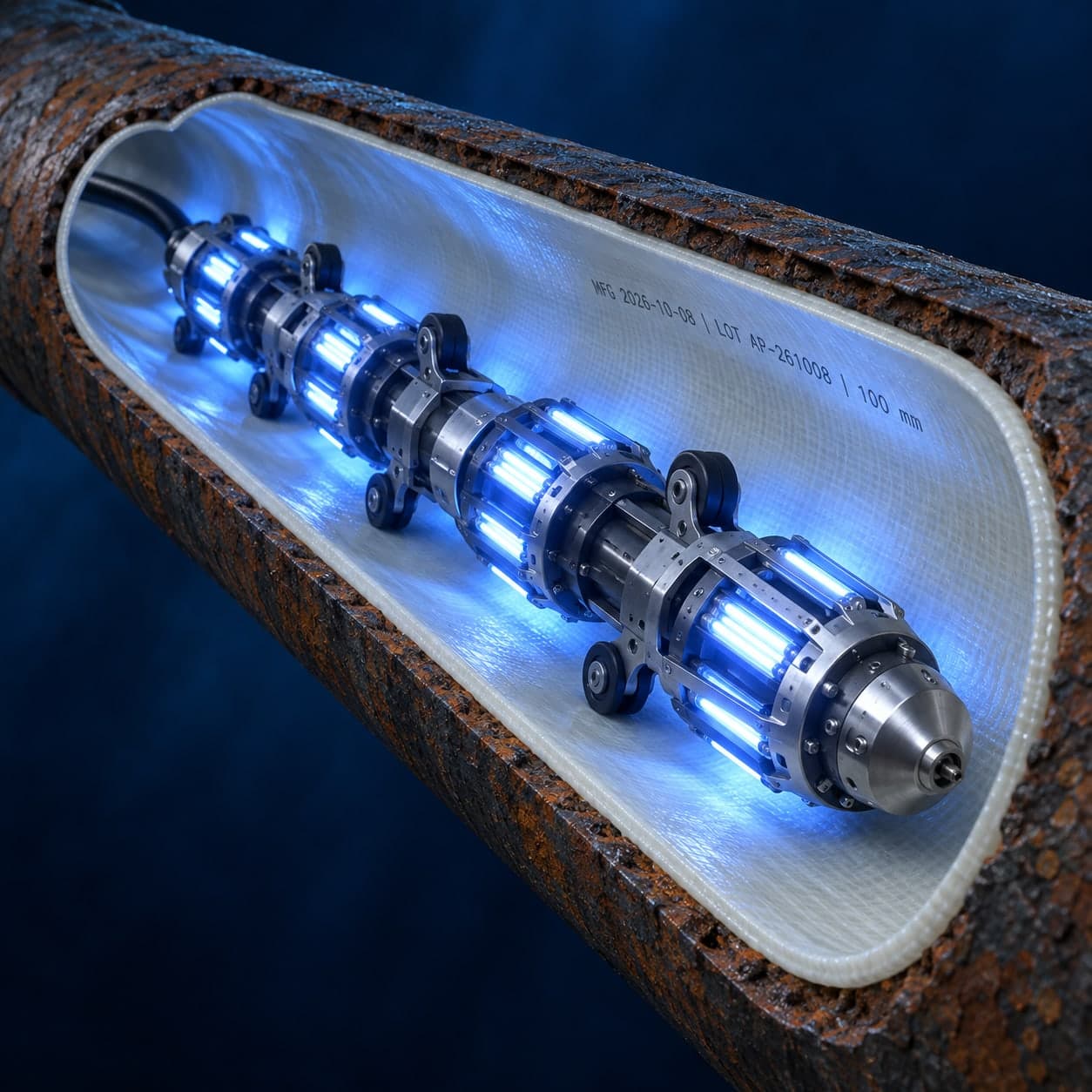 Cutaway of an LED UV light train curing a resin liner inside a corroded sewer pipe