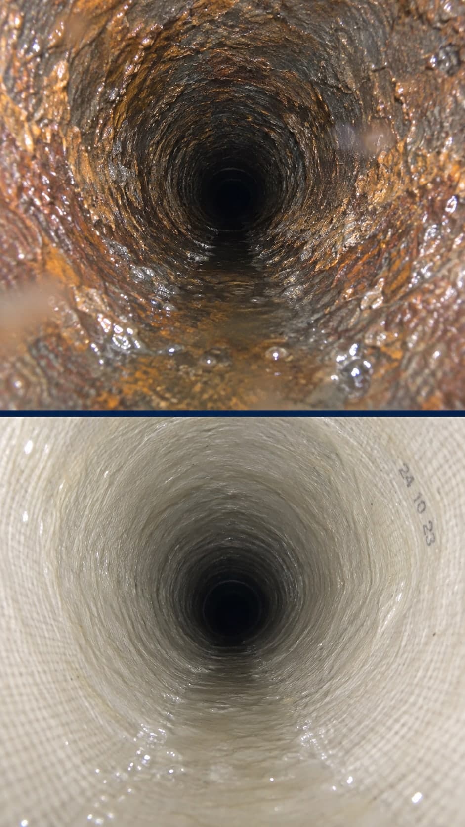 Illustration: side by side views of a corroded vertical cast iron riser and the same riser after lining