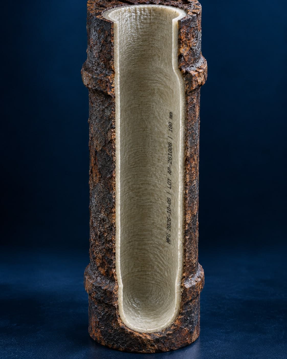 Cutaway of a lined cast iron riser and drain beneath a bathroom floor