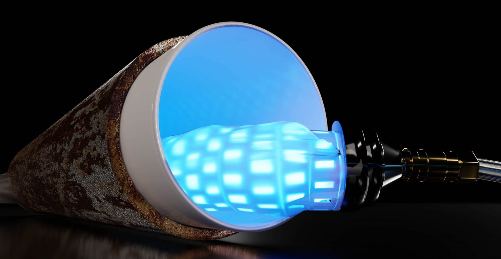 Illustration of a UV light head glowing inside a white liner within a rusted host pipe
