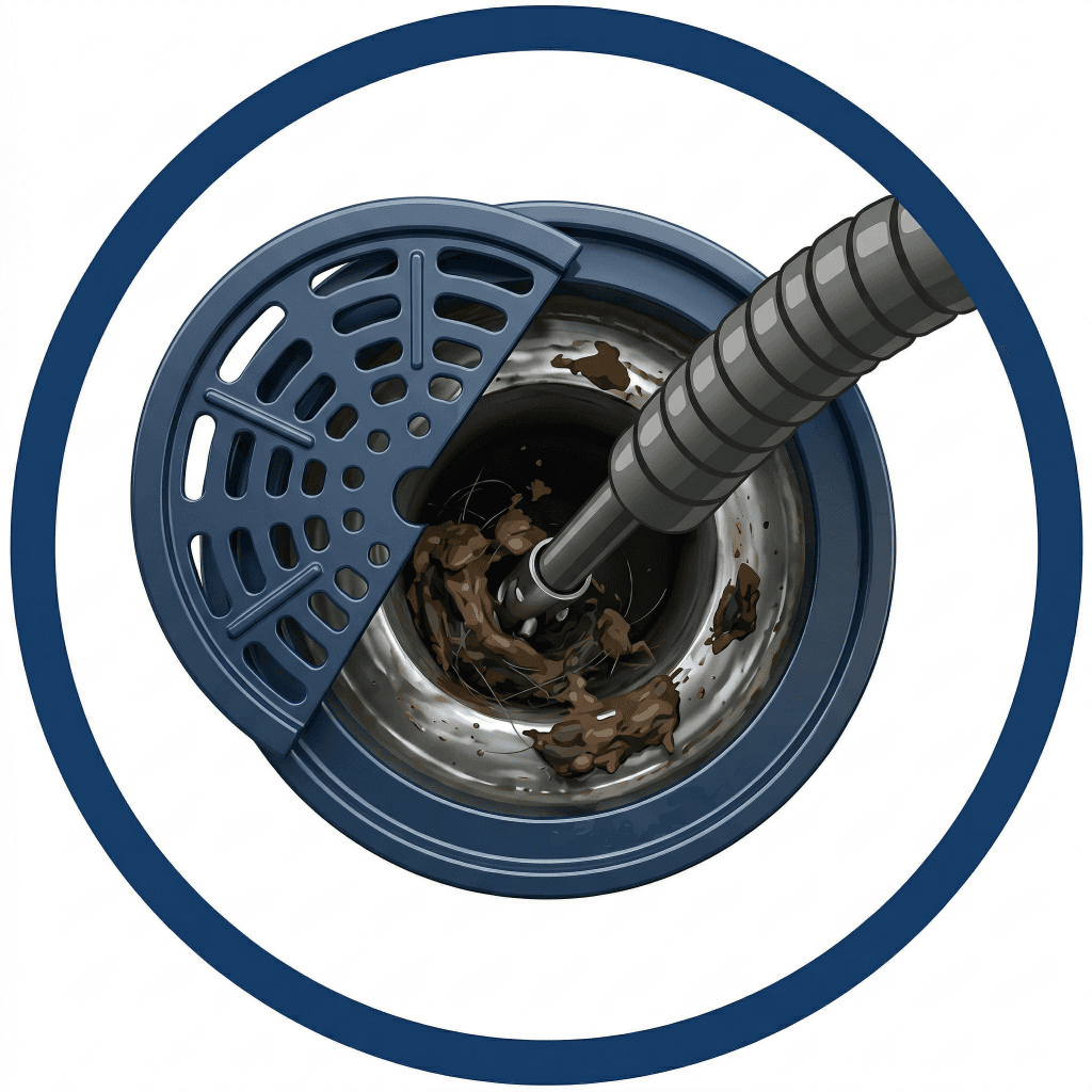 Illustration of a drain-cleaning cable clearing material from a drain opening