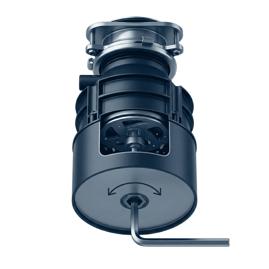 Illustration of a hex wrench in the underside of a garbage disposal