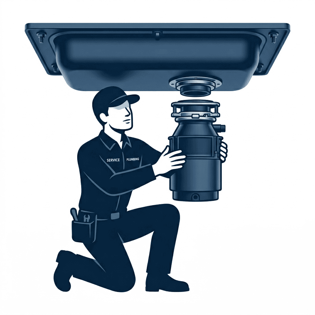 Illustration of a technician fitting a garbage disposal beneath a sink