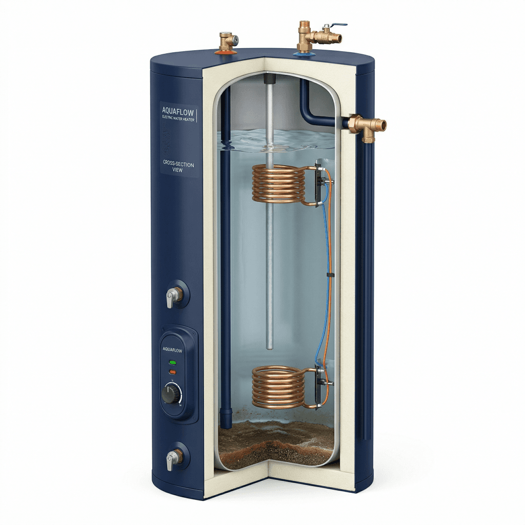 Cutaway illustration of an electric tank water heater showing the elements and anode