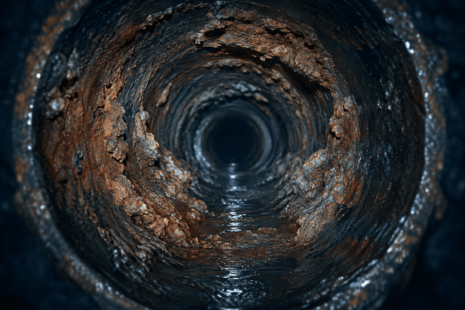 Illustration of a corroded cast iron pipe interior