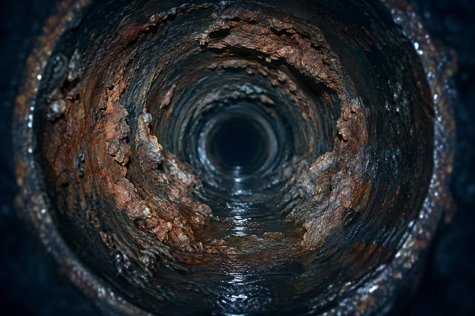 Illustration: the inside of a corroded cast iron sewer pipe with rust scale and pitting along the bottom